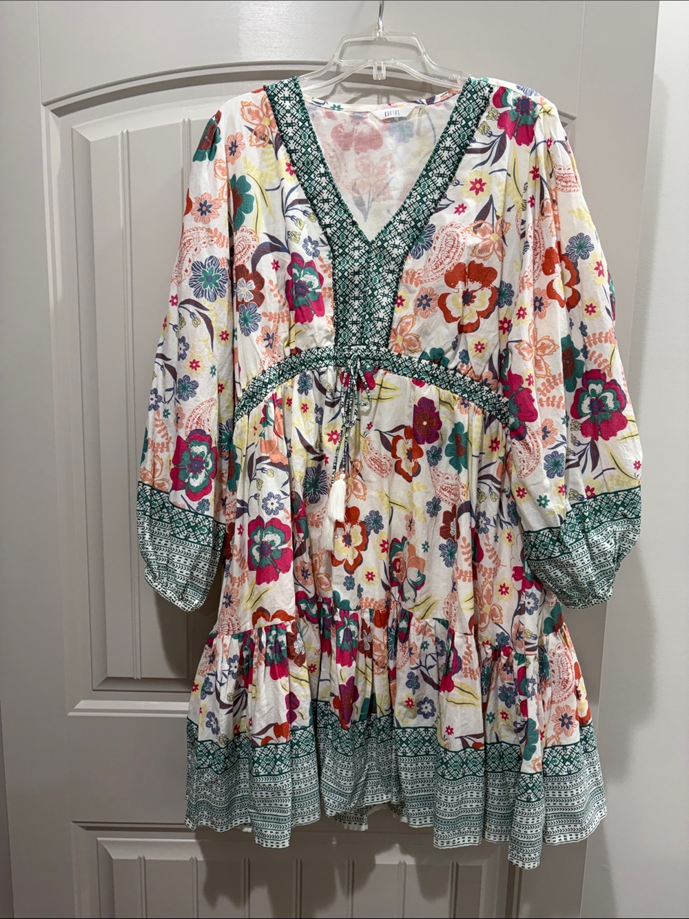 Kaktus White Floral V-Neck Tiered Midi Dress with Green Trim